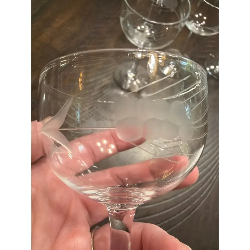 Vintage Etched Glass Wine Claret Glass Set Of 5 Stemware 4 3/4